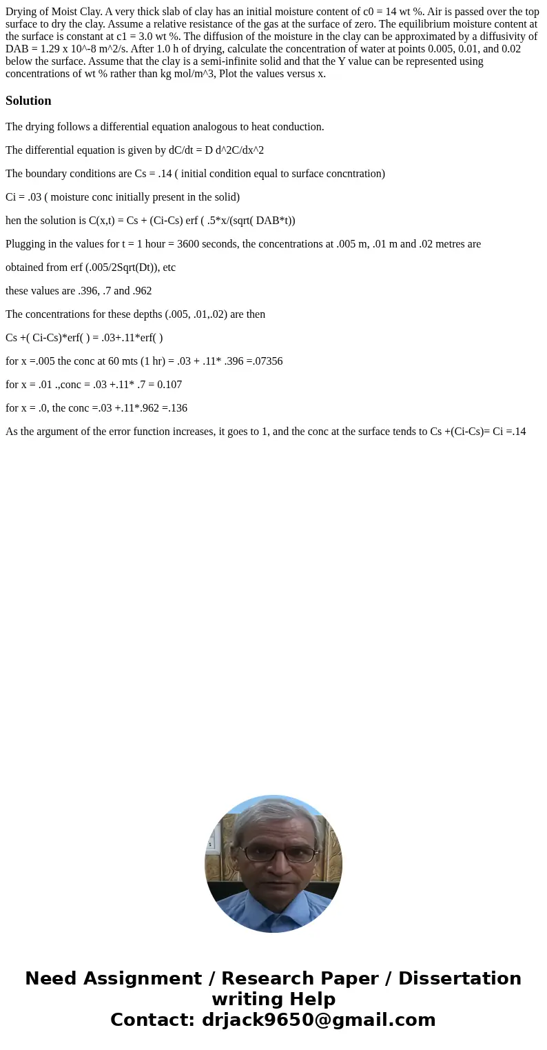 Drying of Moist Clay. A very thick slab of clay has an initial moisture content of c0 = 14 wt %. Air is passed over the top surface to dry the clay. Assume a re Drying of Moist Clay. A very thick slab of clay has an initial moisture content of c0 = 14 wt %. Air is passed over the top surface to dry the clay. Assume a re