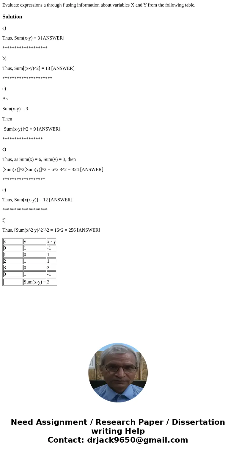  Evaluate expressions a through f using information about variables X and Y from the following table. Solutiona) Thus, Sum(x-y) = 3 [ANSWER] *******************