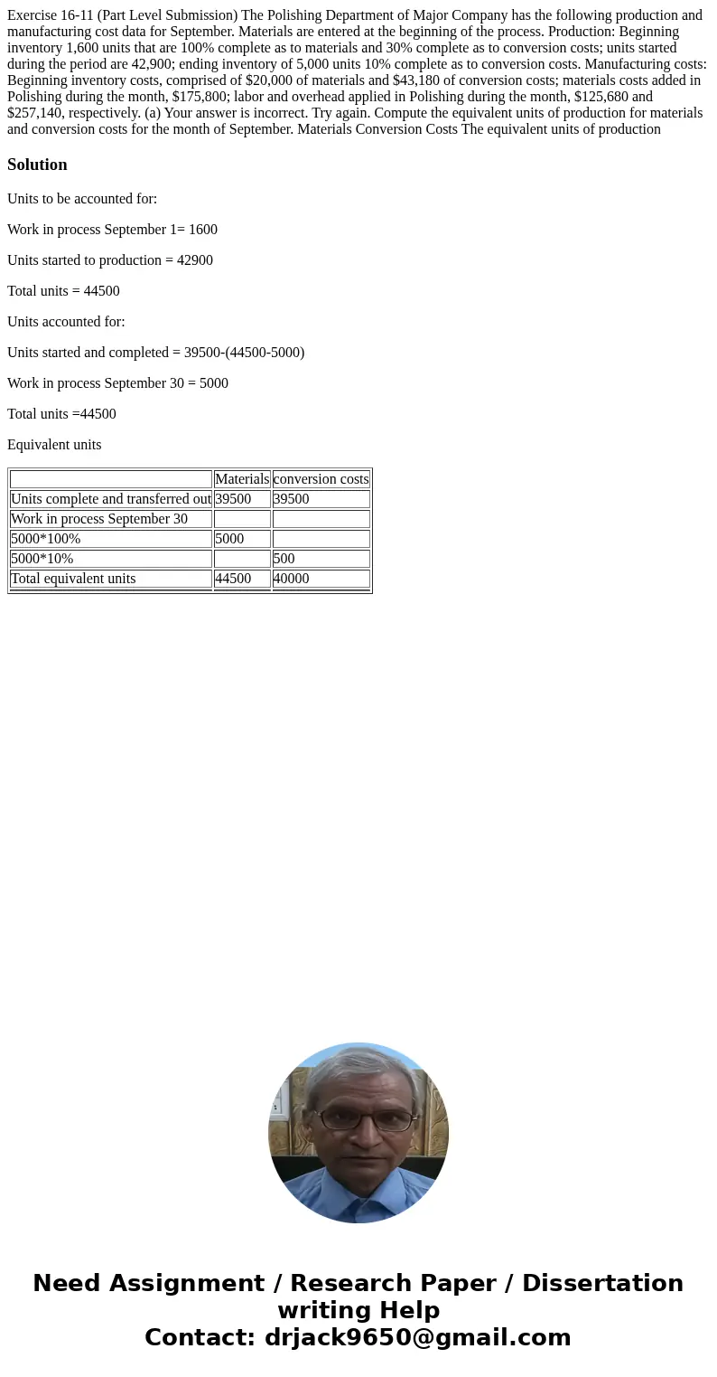 Exercise 16-11 (Part Level Submission) The Polishing Department of Major Company has the following production and manufacturing cost data for September. Materia Exercise 16-11 (Part Level Submission) The Polishing Department of Major Company has the following production and manufacturing cost data for September. Materia