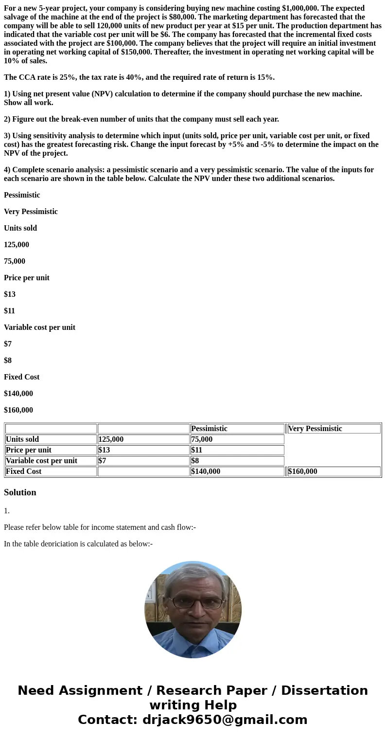 For a new 5-year project, your company is considering buying new machine costing $1,000,000. The expected salvage of the machine at the end of the project is $8