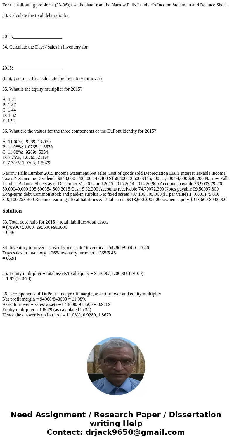 For the following problems (33-36), use the data from the Narrow Falls Lumber\'s Income Statement and Balance Sheet. 33. Calculate the total debt ratio for 2015 For the following problems (33-36), use the data from the Narrow Falls Lumber\'s Income Statement and Balance Sheet. 33. Calculate the total debt ratio for 2015
