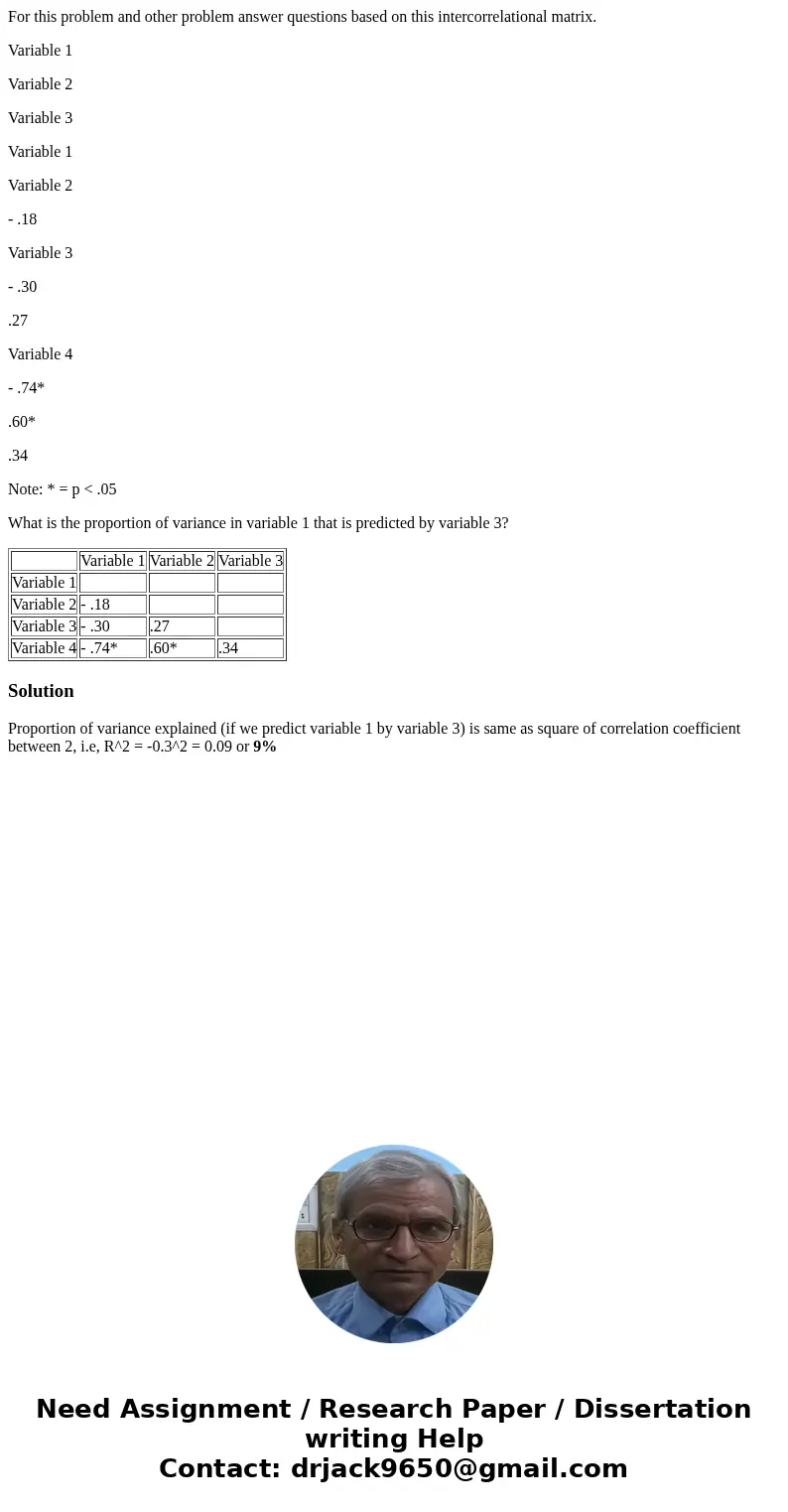 For this problem and other problem answer questions based on this intercorrelational matrix. Variable 1 Variable 2 Variable 3 Variable 1 Variable 2 - .18 Variab For this problem and other problem answer questions based on this intercorrelational matrix. Variable 1 Variable 2 Variable 3 Variable 1 Variable 2 - .18 Variab