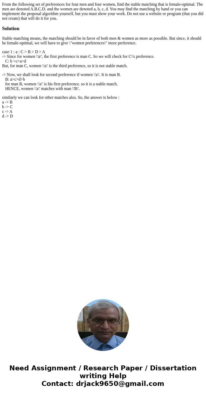 From the following set of preferences for four men and four women, find the stable matching that is female-optimal. The men are denoted A.B.C.D. and the women   From the following set of preferences for four men and four women, find the stable matching that is female-optimal. The men are denoted A.B.C.D. and the women