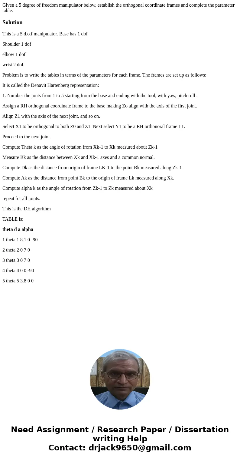 Given a 5 degree of freedom manipulator below, establish the orthogonal coordinate frames and complete the parameter table. SolutionThis is a 5 d.o.f manipulat  Given a 5 degree of freedom manipulator below, establish the orthogonal coordinate frames and complete the parameter table. SolutionThis is a 5 d.o.f manipulat