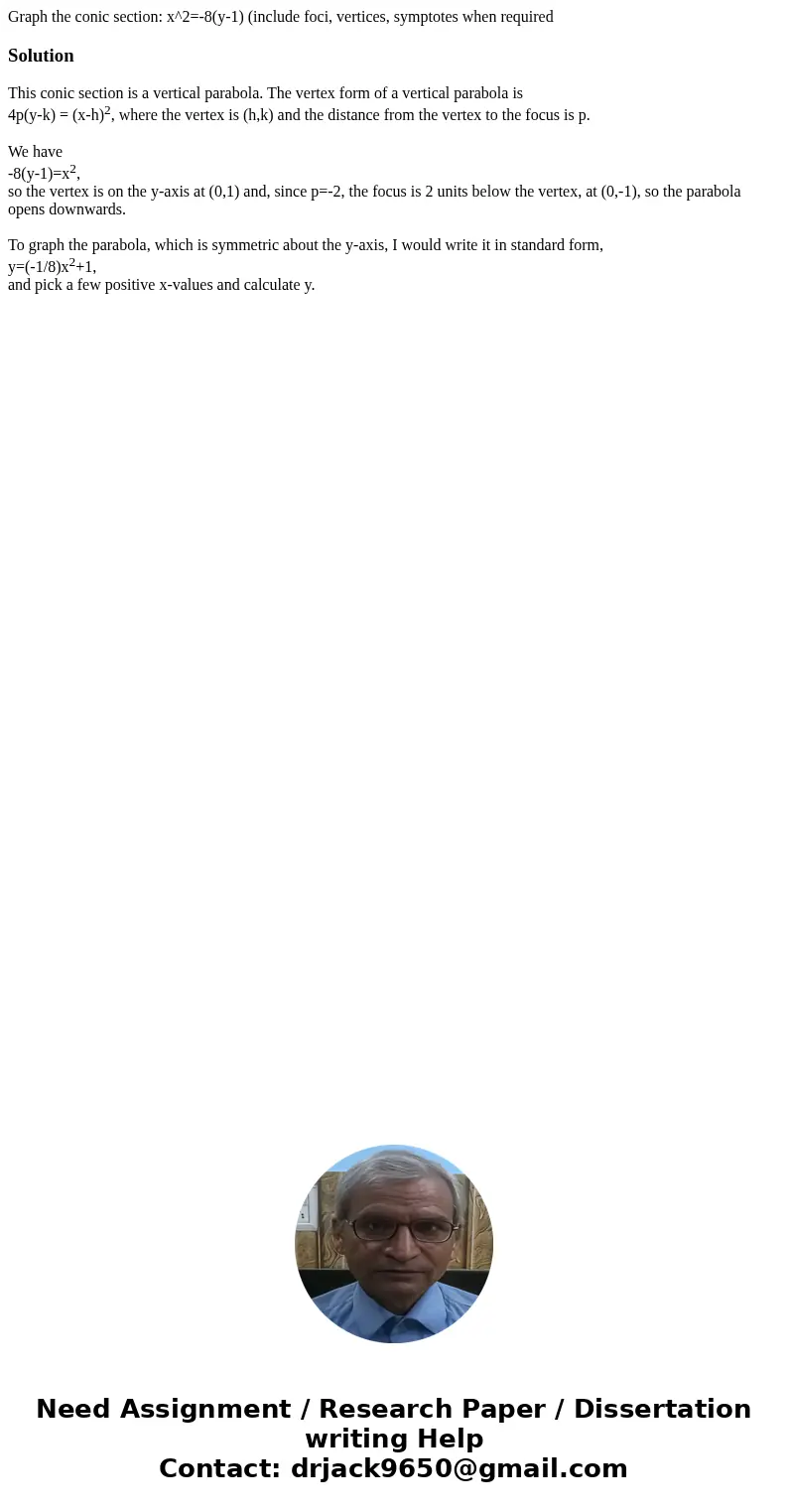Graph the conic section: x^2=-8(y-1) (include foci, vertices, symptotes when requiredSolutionThis conic section is a vertical parabola. The vertex form of a ver Graph the conic section: x^2=-8(y-1) (include foci, vertices, symptotes when requiredSolutionThis conic section is a vertical parabola. The vertex form of a ver