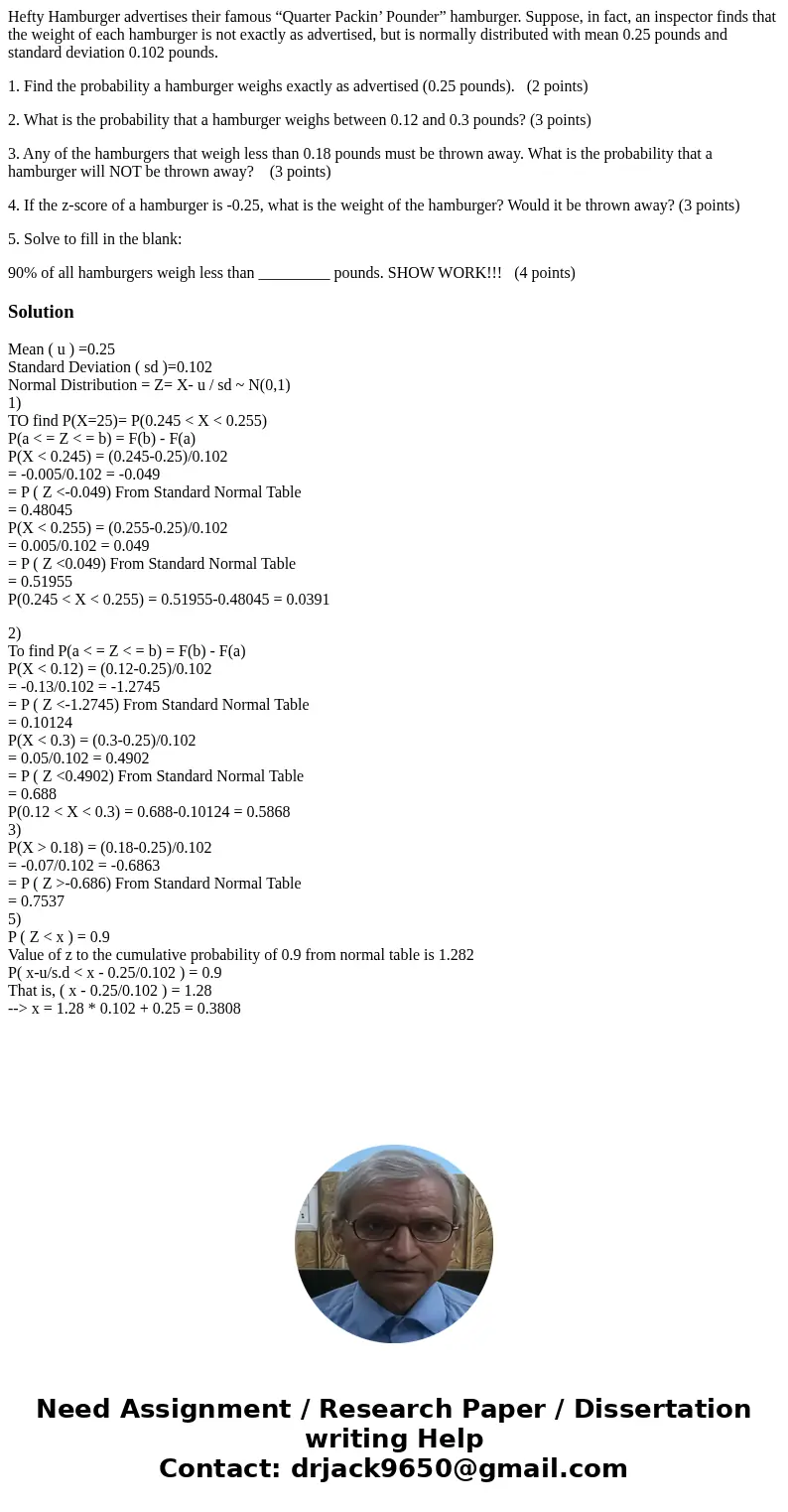 Hefty Hamburger advertises their famous “Quarter Packin’ Pounder” hamburger. Suppose, in fact, an inspector finds that the weight of each hamburger is not exact Hefty Hamburger advertises their famous “Quarter Packin’ Pounder” hamburger. Suppose, in fact, an inspector finds that the weight of each hamburger is not exact