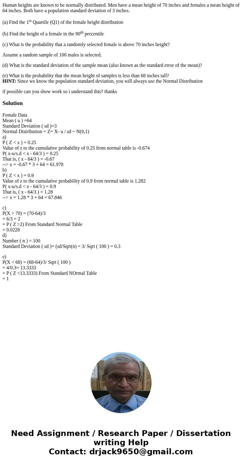 Human heights are known to be normally distributed. Men have a mean height of 70 inches and females a mean height of 64 inches. Both have a population standard  Human heights are known to be normally distributed. Men have a mean height of 70 inches and females a mean height of 64 inches. Both have a population standard