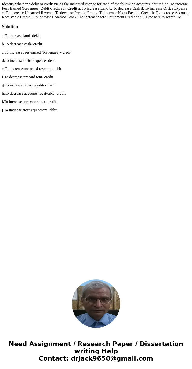 Identify whether a debit or credit yields the indicated change for each of the following accounts. ebit redit c. To increase Fees Earned (Revenues) Debit Credi  Identify whether a debit or credit yields the indicated change for each of the following accounts. ebit redit c. To increase Fees Earned (Revenues) Debit Credi
