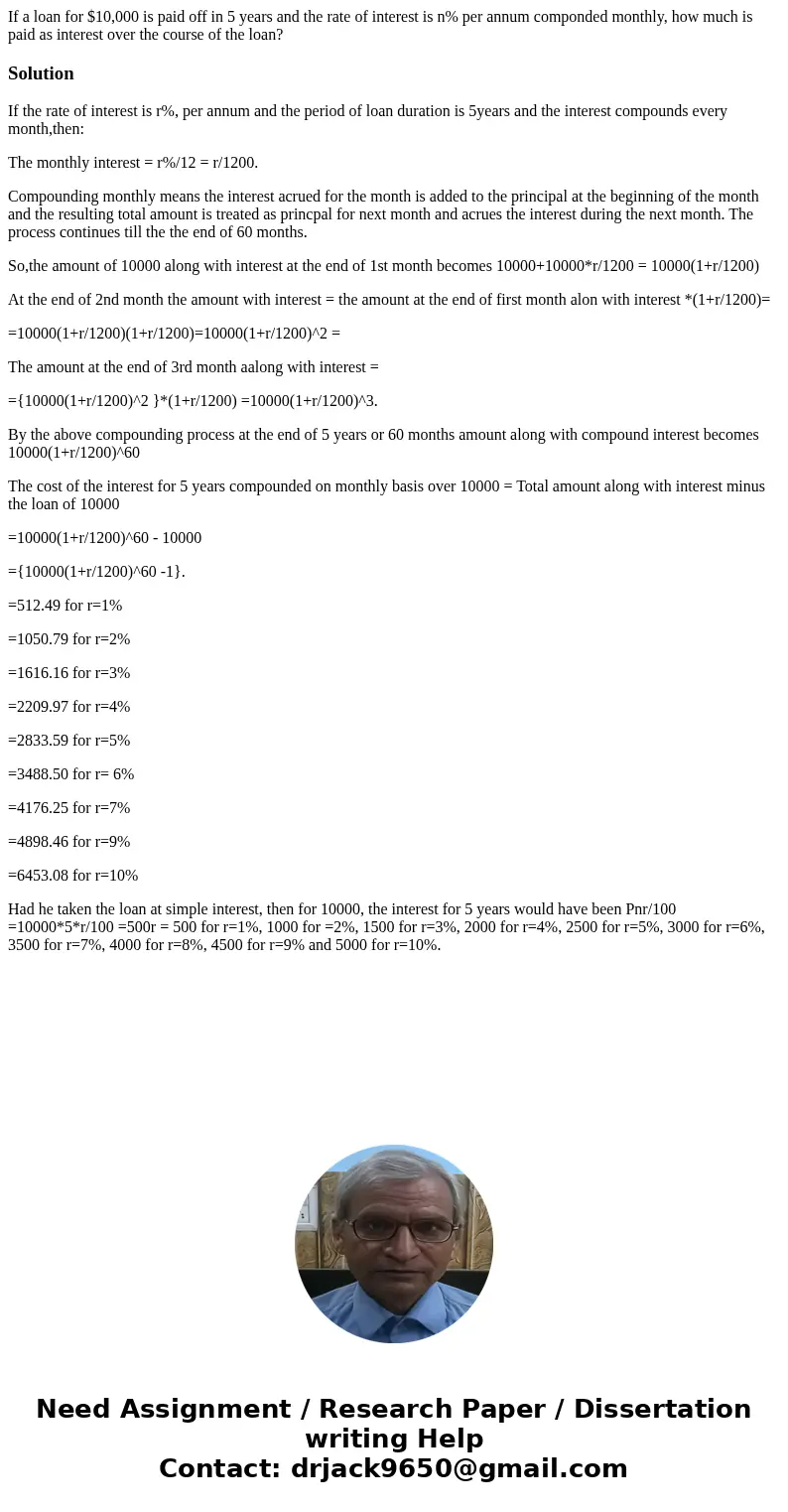 If a loan for $10,000 is paid off in 5 years and the rate of interest is n% per annum componded monthly, how much is paid as interest over the course of the loa If a loan for $10,000 is paid off in 5 years and the rate of interest is n% per annum componded monthly, how much is paid as interest over the course of the loa