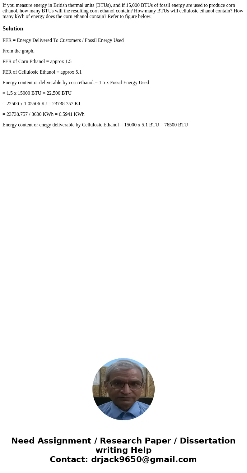 If you measure energy in British thermal units (BTUs), and if 15,000 BTUs of fossil energy are used to produce corn ethanol, how many BTUs will the resulting co If you measure energy in British thermal units (BTUs), and if 15,000 BTUs of fossil energy are used to produce corn ethanol, how many BTUs will the resulting co