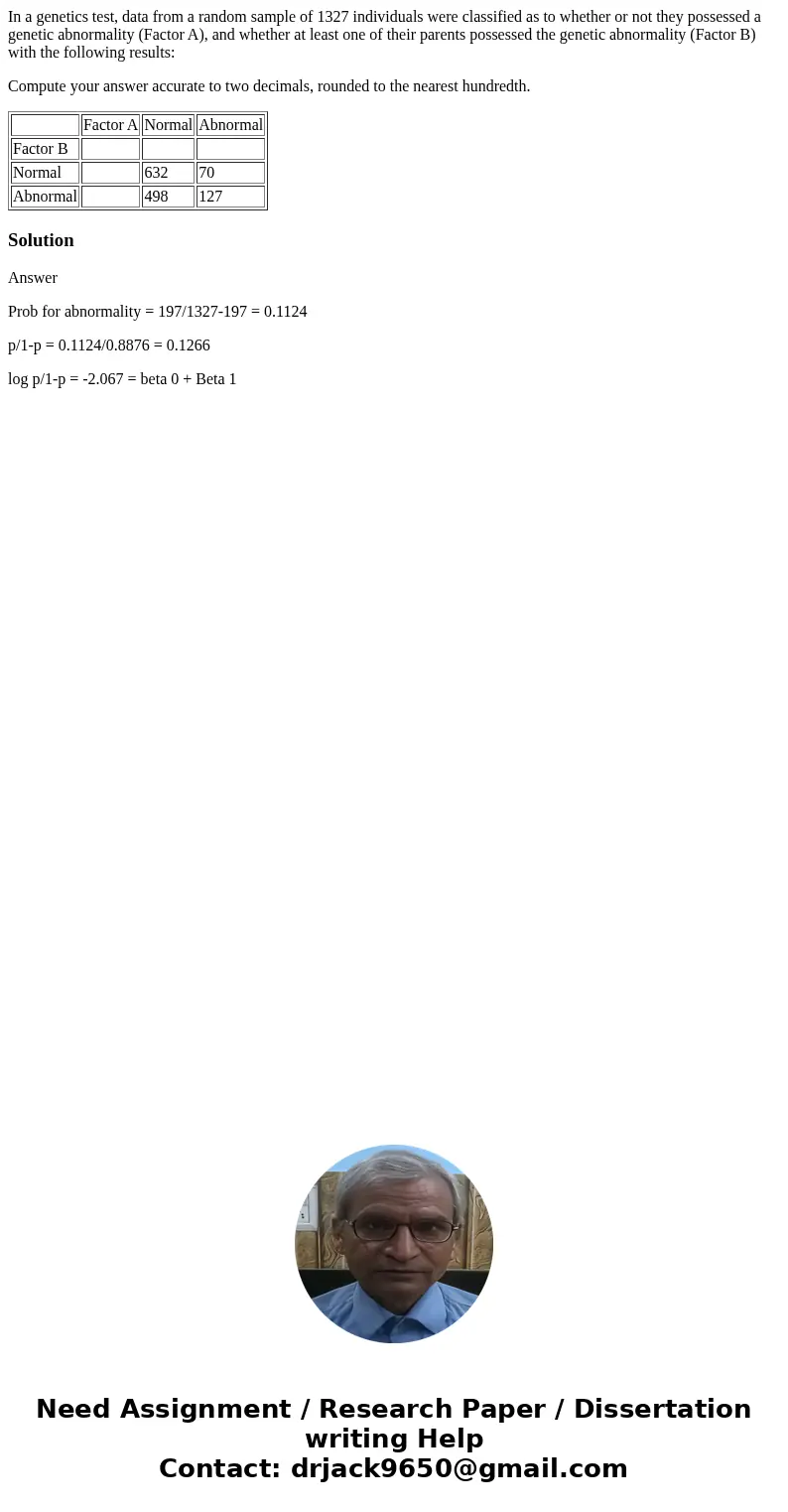 In a genetics test, data from a random sample of 1327 individuals were classified as to whether or not they possessed a genetic abnormality (Factor A), and whet In a genetics test, data from a random sample of 1327 individuals were classified as to whether or not they possessed a genetic abnormality (Factor A), and whet