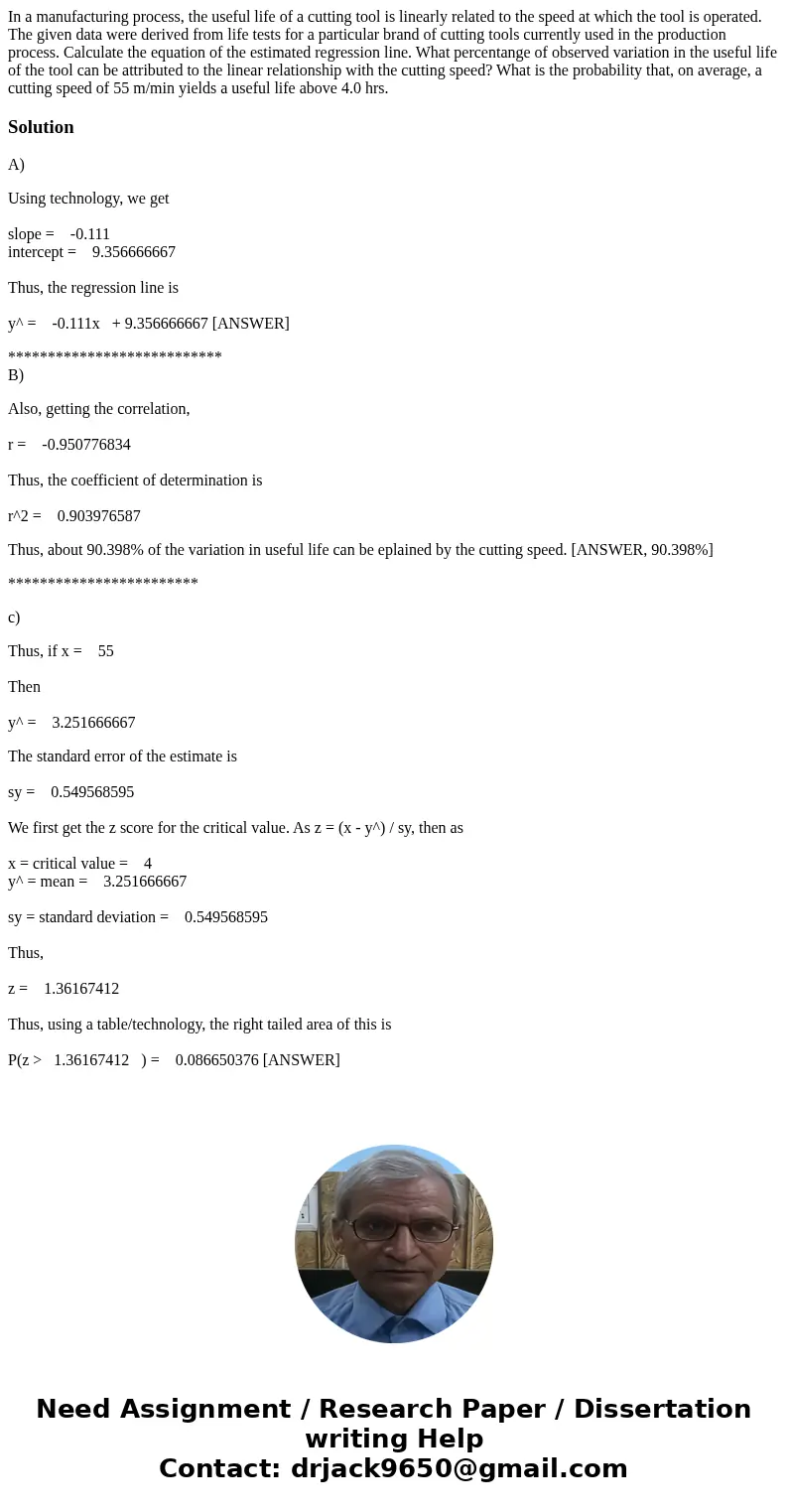 In a manufacturing process, the useful life of a cutting tool is linearly related to the speed at which the tool is operated. The given data were derived from   In a manufacturing process, the useful life of a cutting tool is linearly related to the speed at which the tool is operated. The given data were derived from