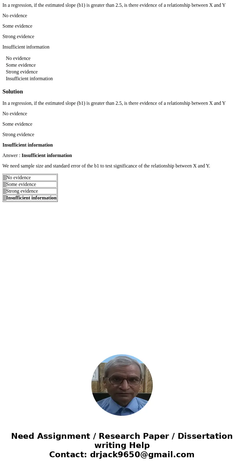 In a regression, if the estimated slope (b1) is greater than 2.5, is there evidence of a relationship between X and Y No evidence Some evidence Strong evidence  In a regression, if the estimated slope (b1) is greater than 2.5, is there evidence of a relationship between X and Y No evidence Some evidence Strong evidence