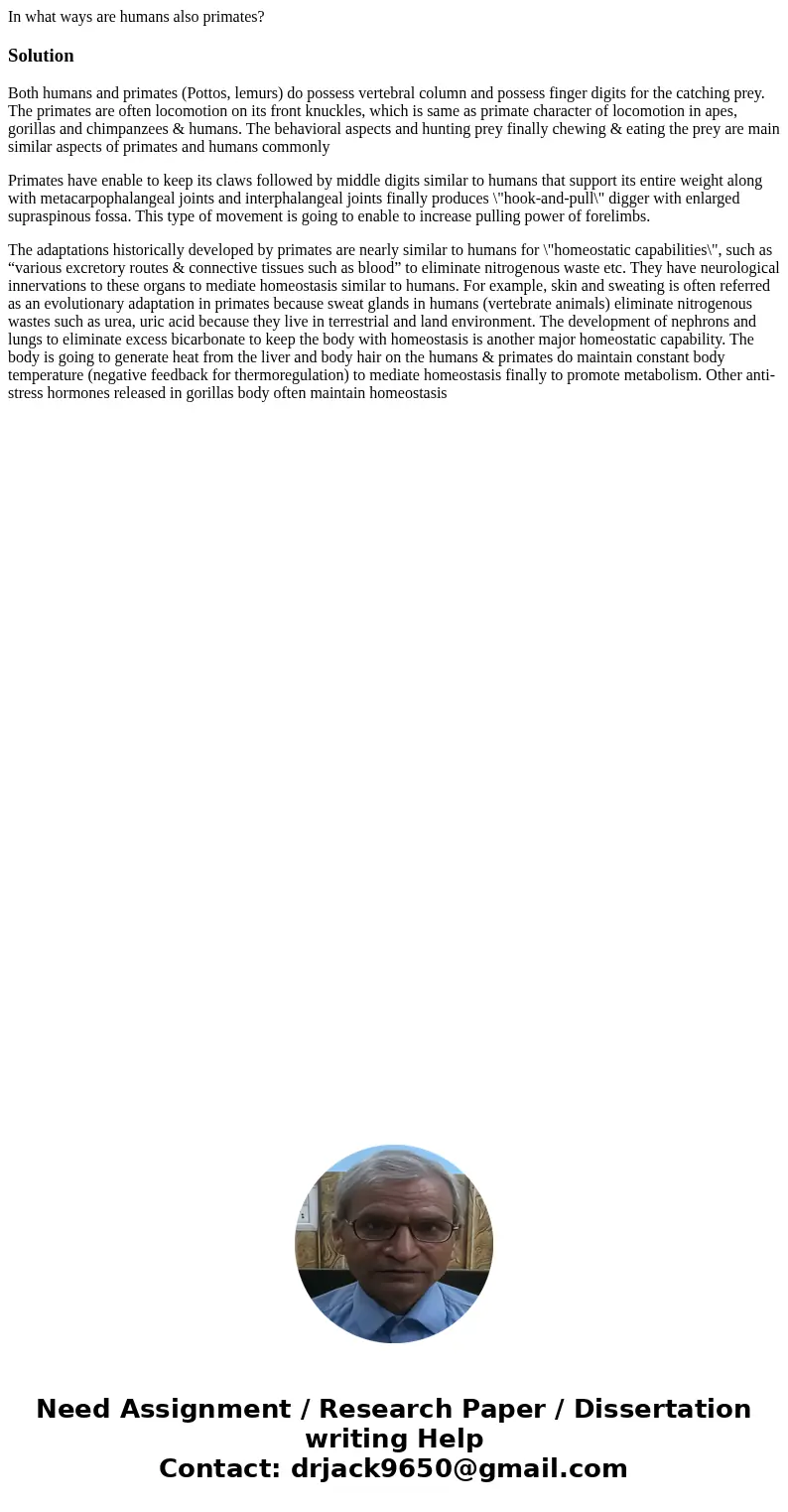 In what ways are humans also primates?SolutionBoth humans and primates (Pottos, lemurs) do possess vertebral column and possess finger digits for the catching p In what ways are humans also primates?SolutionBoth humans and primates (Pottos, lemurs) do possess vertebral column and possess finger digits for the catching p