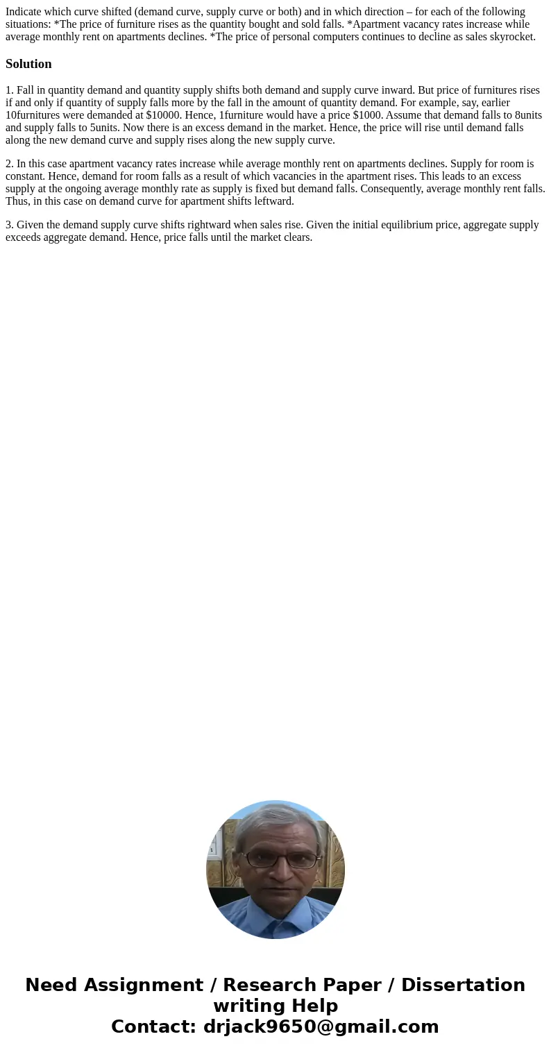 Indicate which curve shifted (demand curve, supply curve or both) and in which direction – for each of the following situations: *The price of furniture rises a Indicate which curve shifted (demand curve, supply curve or both) and in which direction – for each of the following situations: *The price of furniture rises a