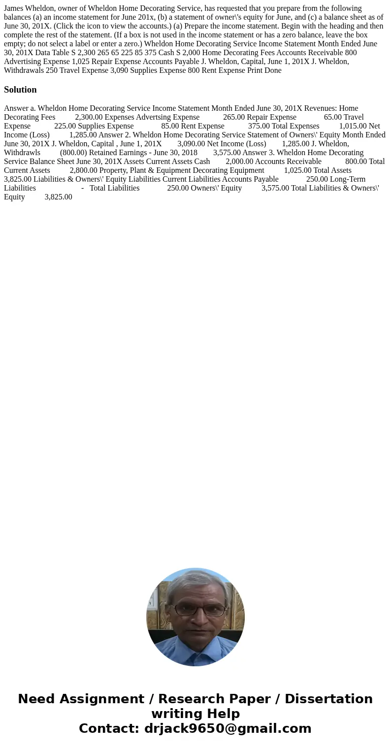 James Wheldon, owner of Wheldon Home Decorating Service, has requested that you prepare from the following balances (a) an income statement for June 201x, (b)   James Wheldon, owner of Wheldon Home Decorating Service, has requested that you prepare from the following balances (a) an income statement for June 201x, (b)