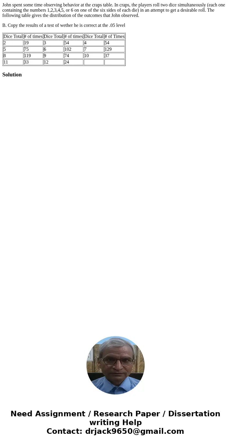 John spent some time observing behavior at the craps table. In craps, the players roll two dice simultaneously (each one containing the numbers 1,2,3,4,5, or 6  John spent some time observing behavior at the craps table. In craps, the players roll two dice simultaneously (each one containing the numbers 1,2,3,4,5, or 6