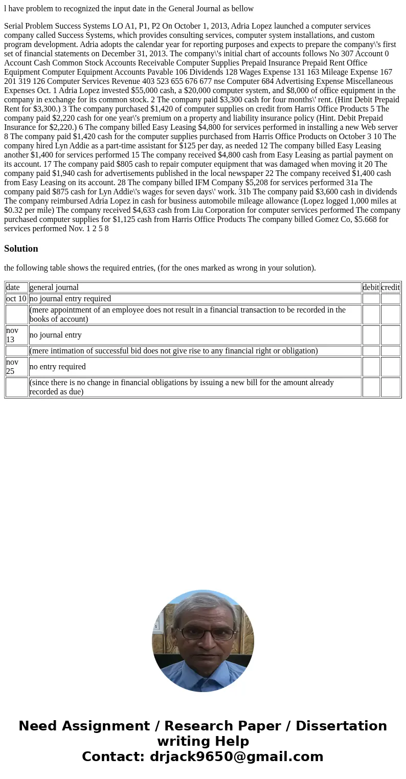 l have problem to recognized the input date in the General Journal as bellow Serial Problem Success Systems LO A1, P1, P2 On October 1, 2013, Adria Lopez launch l have problem to recognized the input date in the General Journal as bellow Serial Problem Success Systems LO A1, P1, P2 On October 1, 2013, Adria Lopez launch