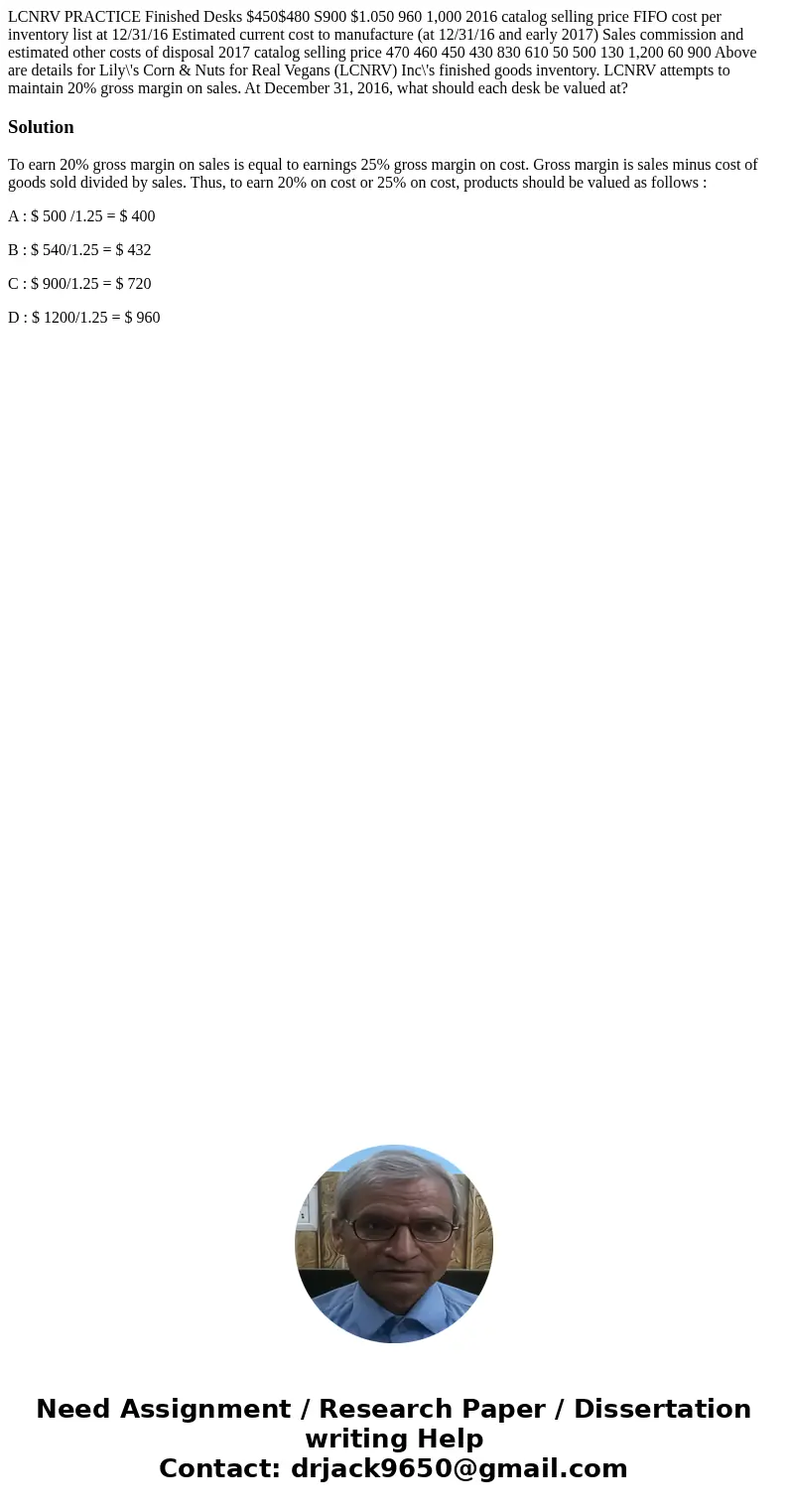 LCNRV PRACTICE Finished Desks $450$480 S900 $1.050 960 1,000 2016 catalog selling price FIFO cost per inventory list at 12/31/16 Estimated current cost to manu  LCNRV PRACTICE Finished Desks $450$480 S900 $1.050 960 1,000 2016 catalog selling price FIFO cost per inventory list at 12/31/16 Estimated current cost to manu