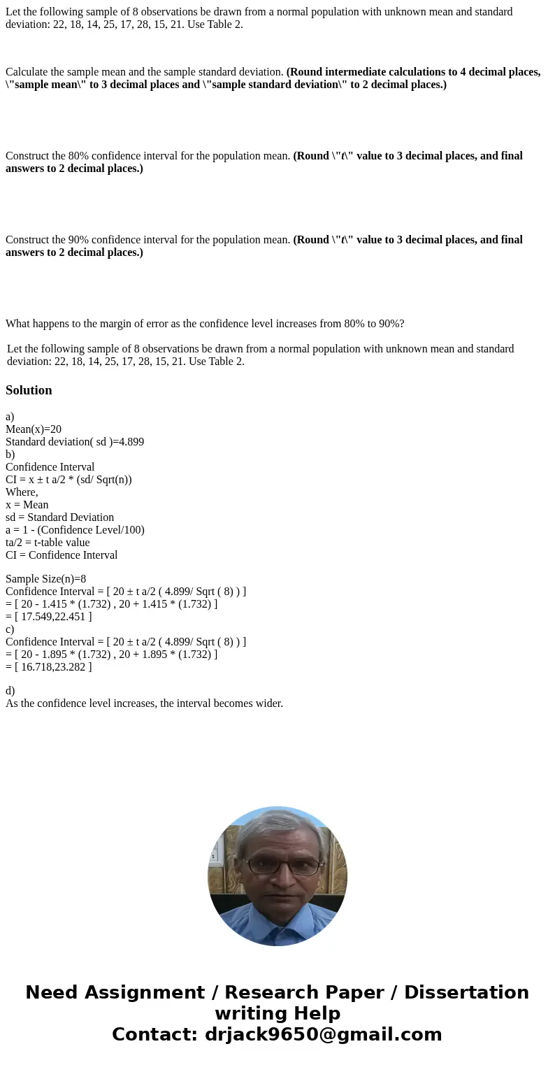 Let the following sample of 8 observations be drawn from a normal population with unknown mean and standard deviation: 22, 18, 14, 25, 17, 28, 15, 21. Use Table Let the following sample of 8 observations be drawn from a normal population with unknown mean and standard deviation: 22, 18, 14, 25, 17, 28, 15, 21. Use Table