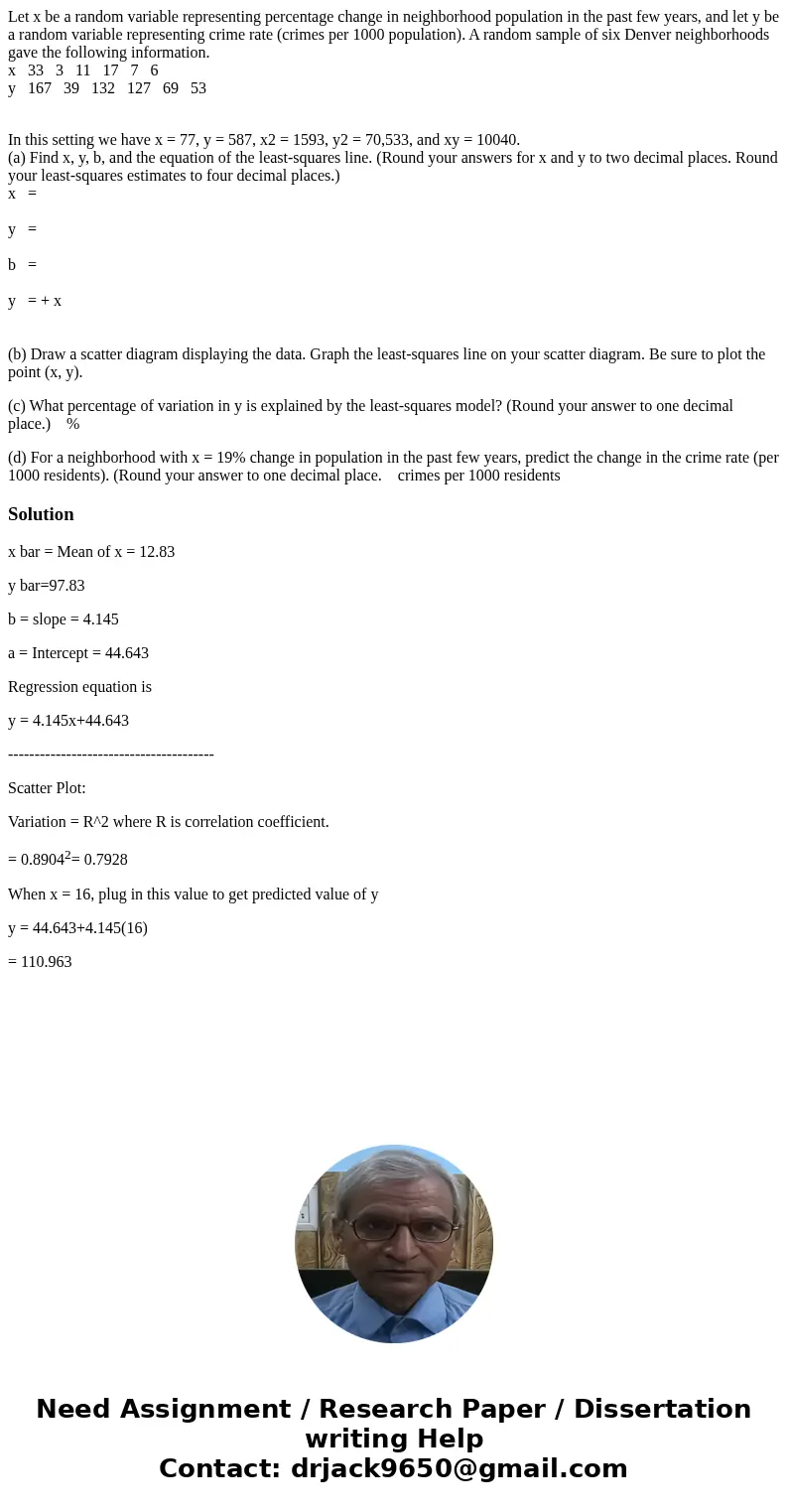 Let x be a random variable representing percentage change in neighborhood population in the past few years, and let y be a random variable representing crime ra Let x be a random variable representing percentage change in neighborhood population in the past few years, and let y be a random variable representing crime ra