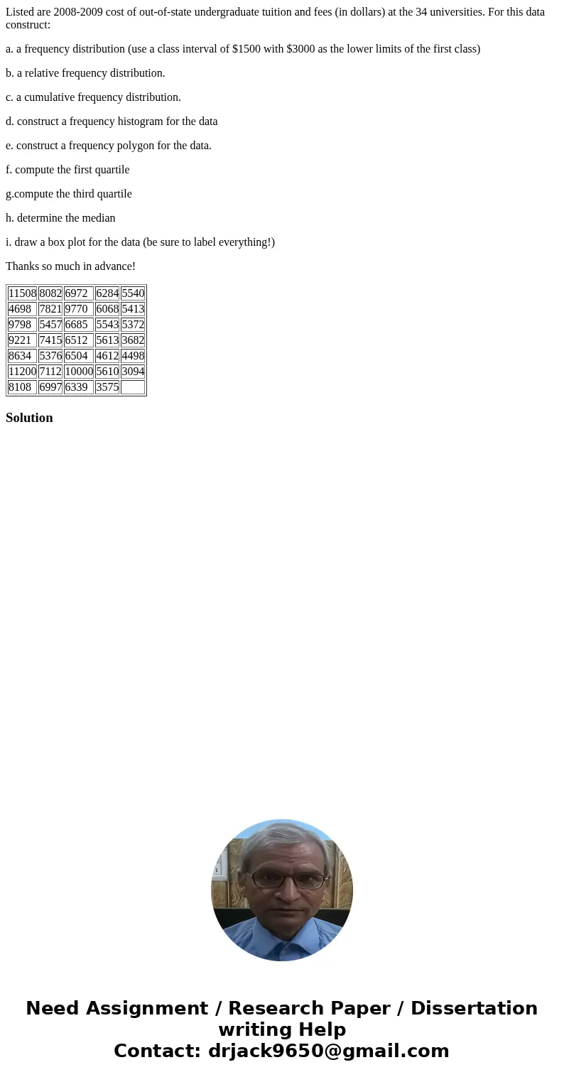 Listed are 2008-2009 cost of out-of-state undergraduate tuition and fees (in dollars) at the 34 universities. For this data construct: a. a frequency distributi Listed are 2008-2009 cost of out-of-state undergraduate tuition and fees (in dollars) at the 34 universities. For this data construct: a. a frequency distributi
