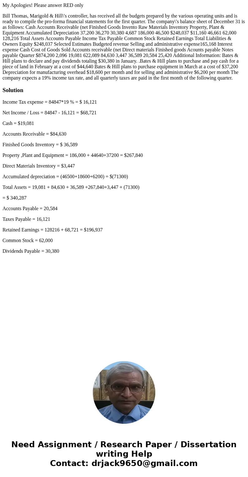 My Apologies! Please answer RED only Bill Thomas, Marigold & Hill\'s controller, has received all the budgets prepared by the various operating units and is My Apologies! Please answer RED only Bill Thomas, Marigold & Hill\'s controller, has received all the budgets prepared by the various operating units and is