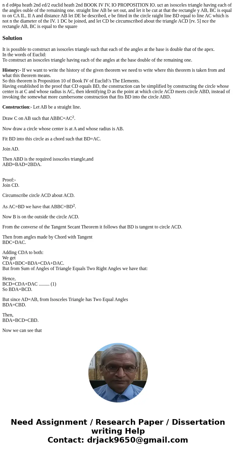 n d ed#pa heath 2nd ed/2 euclid heath 2nd BOOK IV IV, IO PROPOSITION IO. uct an isosceles triangle having each of the angles ouble of the remaining one. straig  n d ed#pa heath 2nd ed/2 euclid heath 2nd BOOK IV IV, IO PROPOSITION IO. uct an isosceles triangle having each of the angles ouble of the remaining one. straig