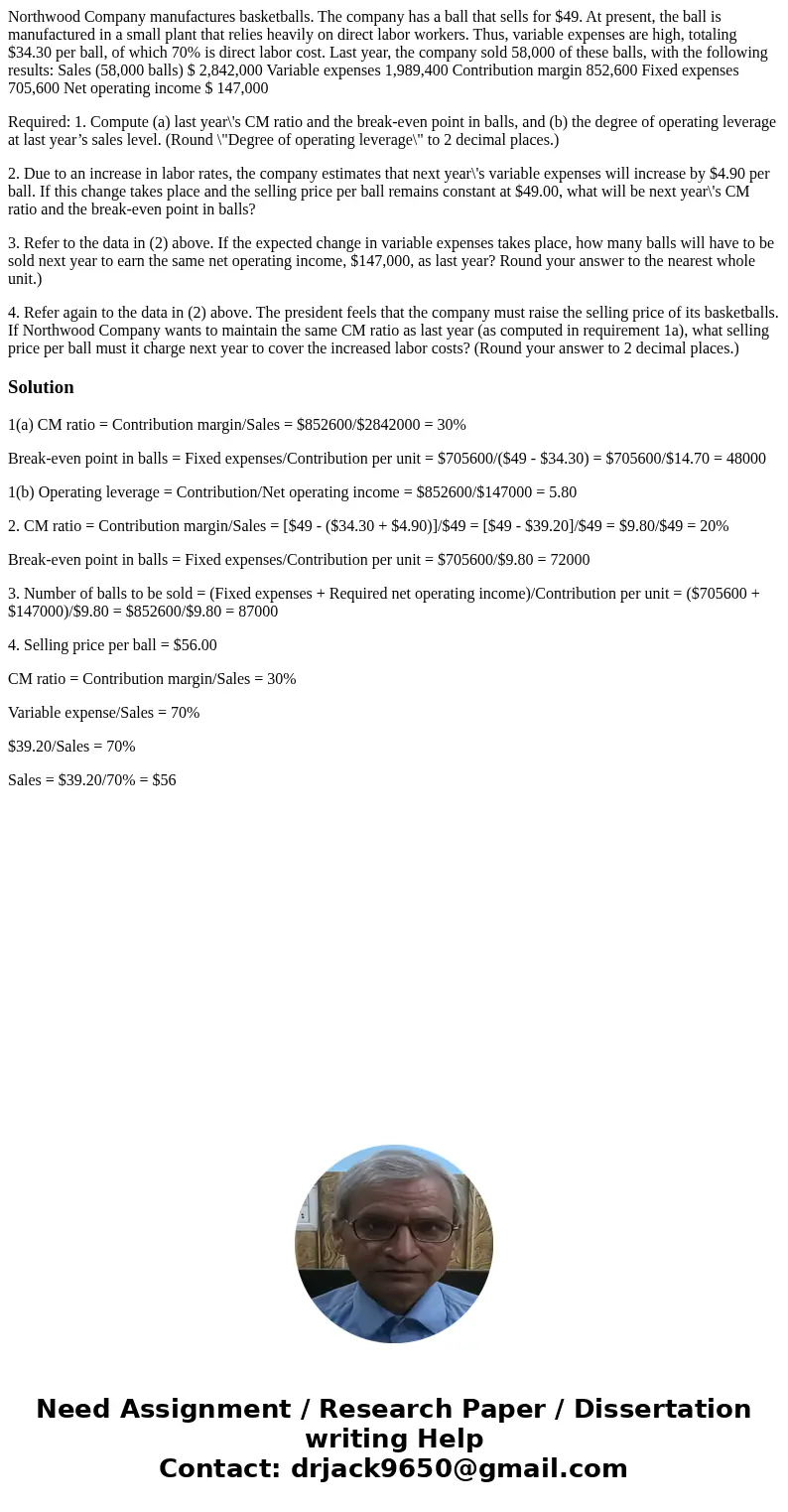Northwood Company manufactures basketballs. The company has a ball that sells for $49. At present, the ball is manufactured in a small plant that relies heavily Northwood Company manufactures basketballs. The company has a ball that sells for $49. At present, the ball is manufactured in a small plant that relies heavily