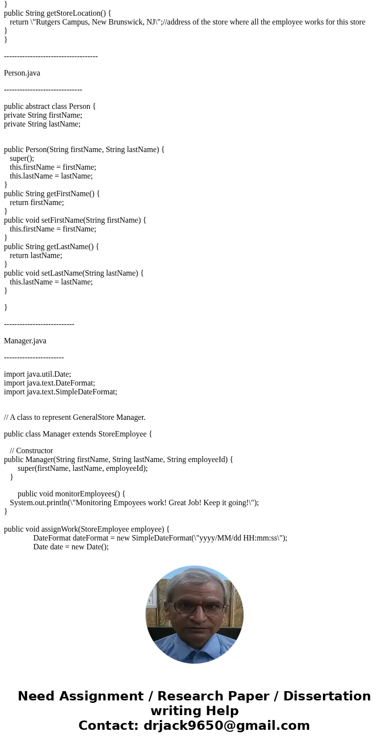 Object Oriented Assignment (Thank You so much in advance!!!) I need help doing the following classes: - Janitor.java - FloorAssociate.java (assist customer and  Object Oriented Assignment (Thank You so much in advance!!!) I need help doing the following classes: - Janitor.java - FloorAssociate.java (assist customer and