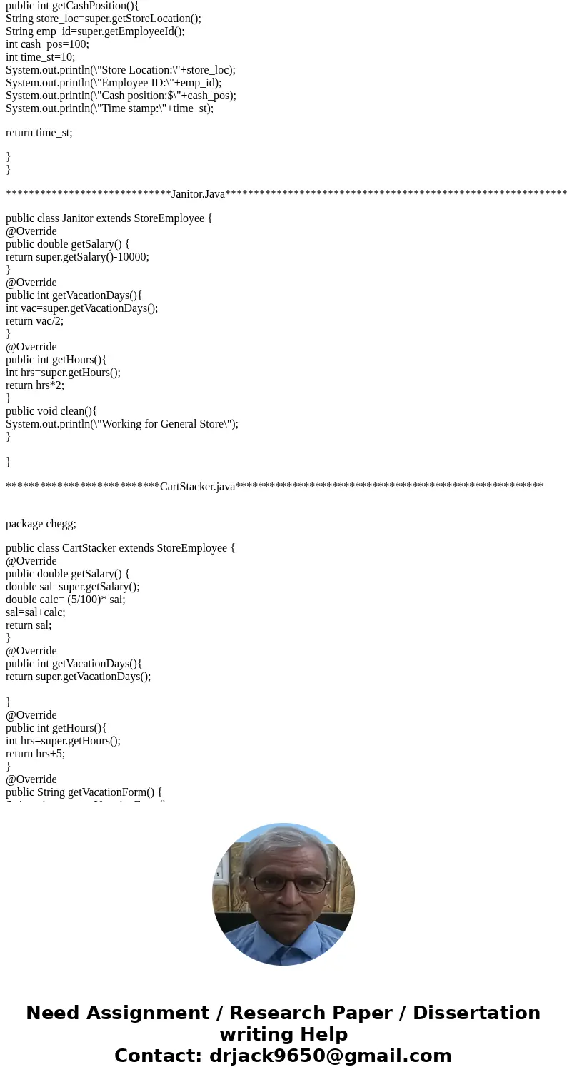 Object Oriented Assignment (Thank You so much in advance!!!) I need help doing the following classes: - Janitor.java - FloorAssociate.java (assist customer and  Object Oriented Assignment (Thank You so much in advance!!!) I need help doing the following classes: - Janitor.java - FloorAssociate.java (assist customer and