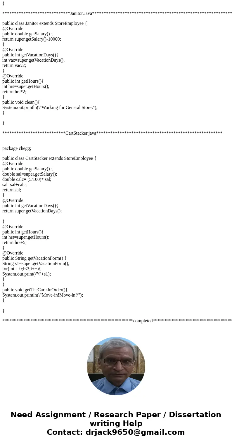 Object Oriented Assignment (Thank You so much in advance!!!) I need help doing the following classes: - Janitor.java - FloorAssociate.java (assist customer and  Object Oriented Assignment (Thank You so much in advance!!!) I need help doing the following classes: - Janitor.java - FloorAssociate.java (assist customer and