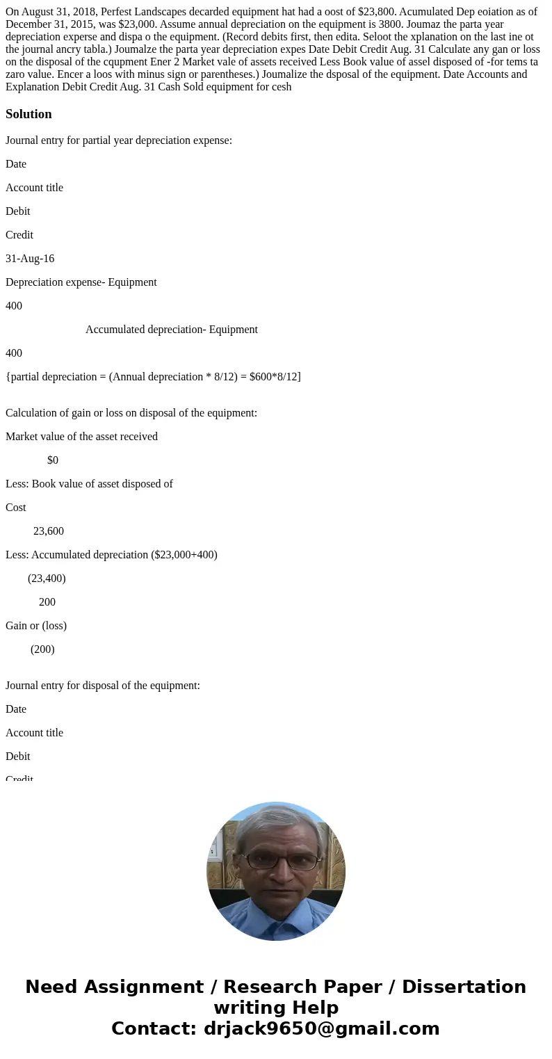 On August 31, 2018, Perfest Landscapes decarded equipment hat had a oost of $23,800. Acumulated Dep eoiation as of December 31, 2015, was $23,000. Assume annua  On August 31, 2018, Perfest Landscapes decarded equipment hat had a oost of $23,800. Acumulated Dep eoiation as of December 31, 2015, was $23,000. Assume annua