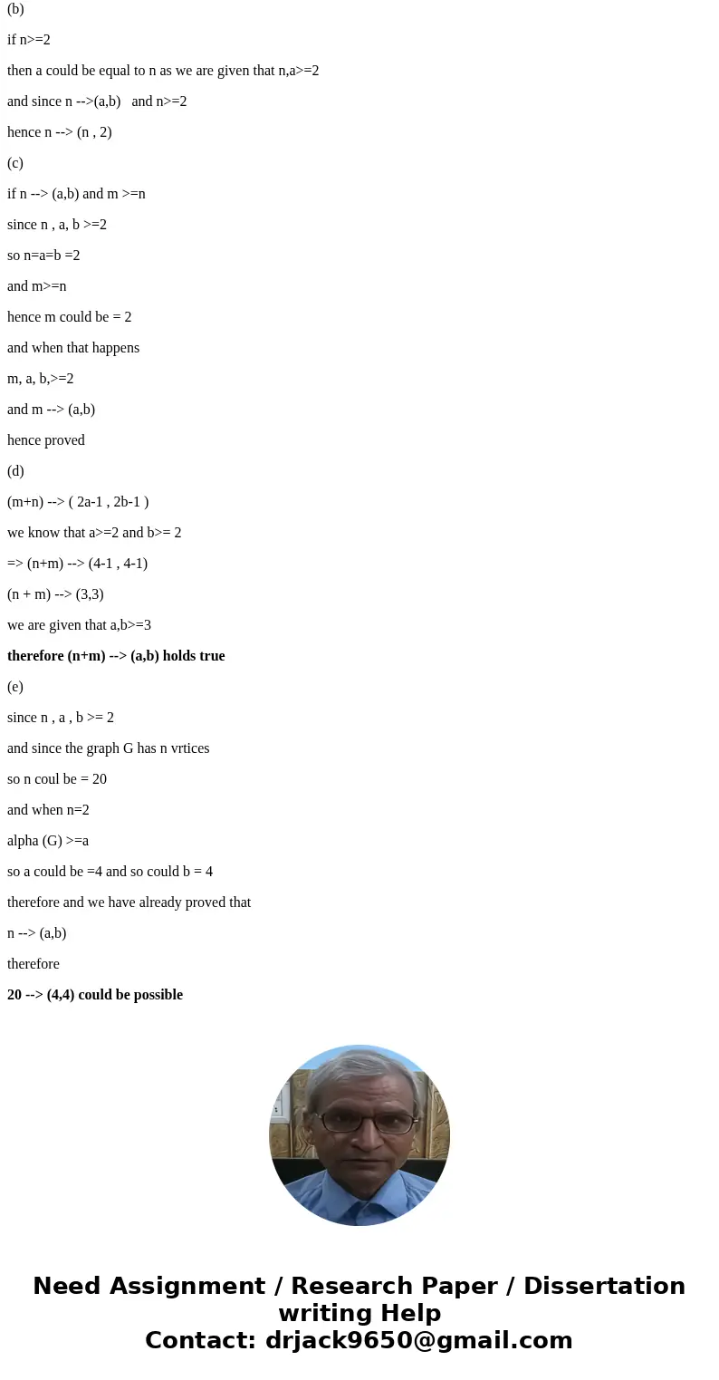 Pease prove the following: (e) 20->(4,4).Solution(a) we are given that n,a,b >=2 and n is the number of vertice of the graph G alpha(G)>=a and alpha(G) Pease prove the following: (e) 20->(4,4).Solution(a) we are given that n,a,b >=2 and n is the number of vertice of the graph G alpha(G)>=a and alpha(G)