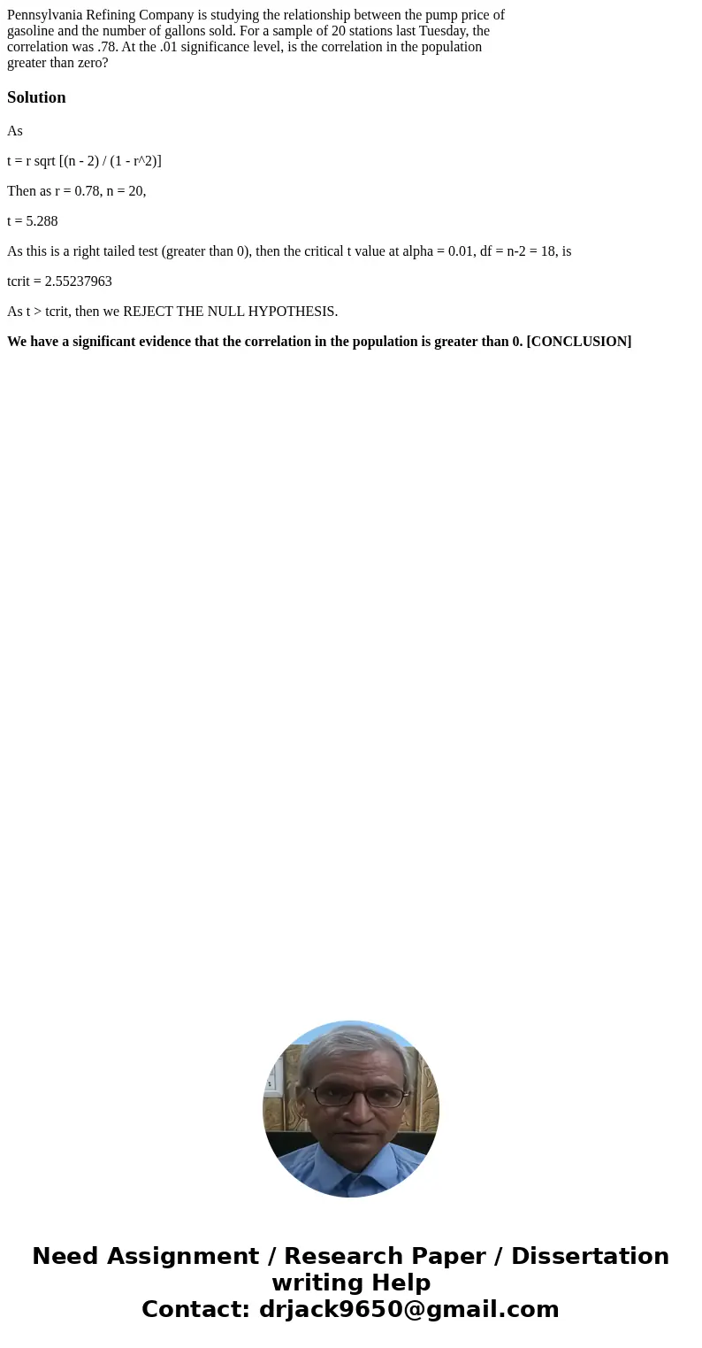 Pennsylvania Refining Company is studying the relationship between the pump price of gasoline and the number of gallons sold. For a sample of 20 stations last T Pennsylvania Refining Company is studying the relationship between the pump price of gasoline and the number of gallons sold. For a sample of 20 stations last T