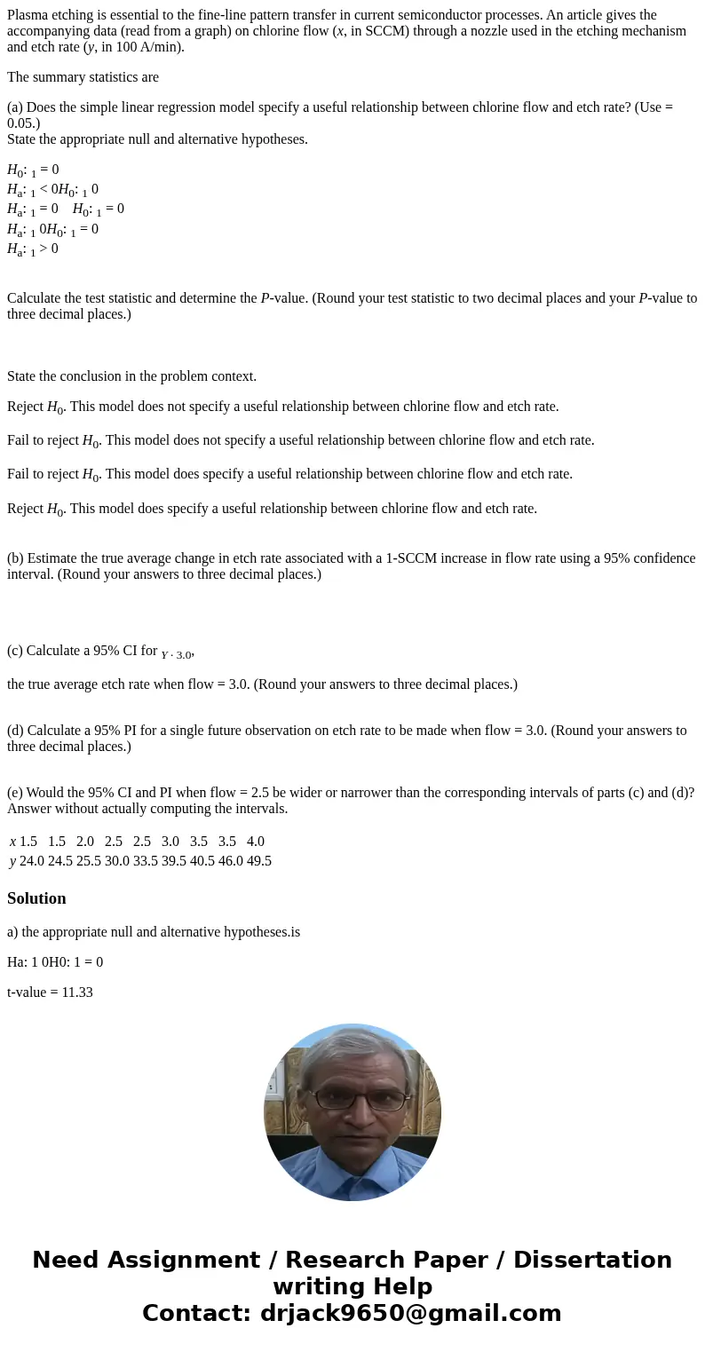 Plasma etching is essential to the fine-line pattern transfer in current semiconductor processes. An article gives the accompanying data (read from a graph) on  Plasma etching is essential to the fine-line pattern transfer in current semiconductor processes. An article gives the accompanying data (read from a graph) on