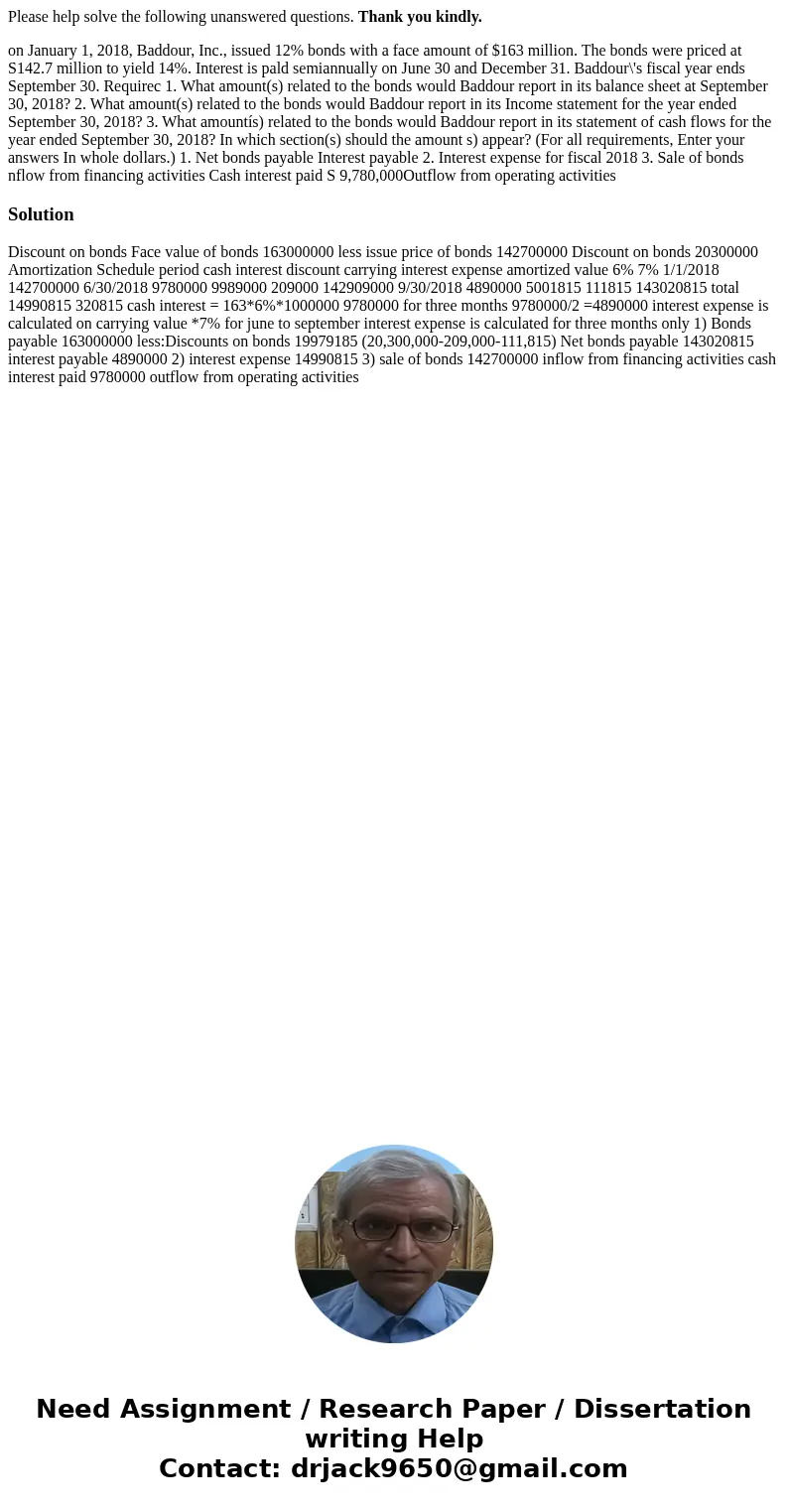 Please help solve the following unanswered questions. Thank you kindly. on January 1, 2018, Baddour, Inc., issued 12% bonds with a face amount of $163 million.  Please help solve the following unanswered questions. Thank you kindly. on January 1, 2018, Baddour, Inc., issued 12% bonds with a face amount of $163 million.