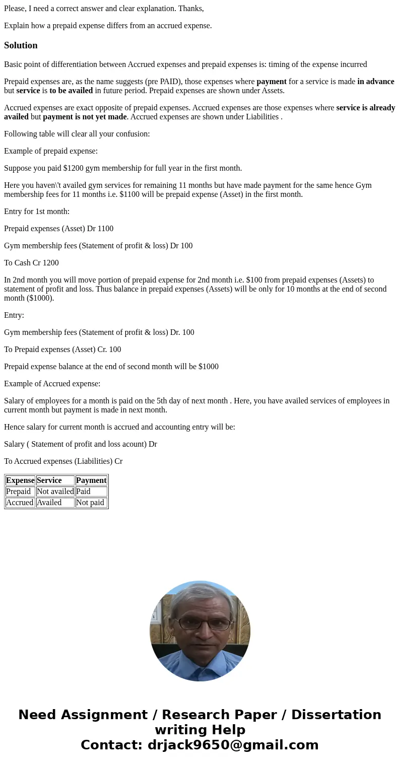 Please, I need a correct answer and clear explanation. Thanks, Explain how a prepaid expense differs from an accrued expense.SolutionBasic point of differentiat Please, I need a correct answer and clear explanation. Thanks, Explain how a prepaid expense differs from an accrued expense.SolutionBasic point of differentiat