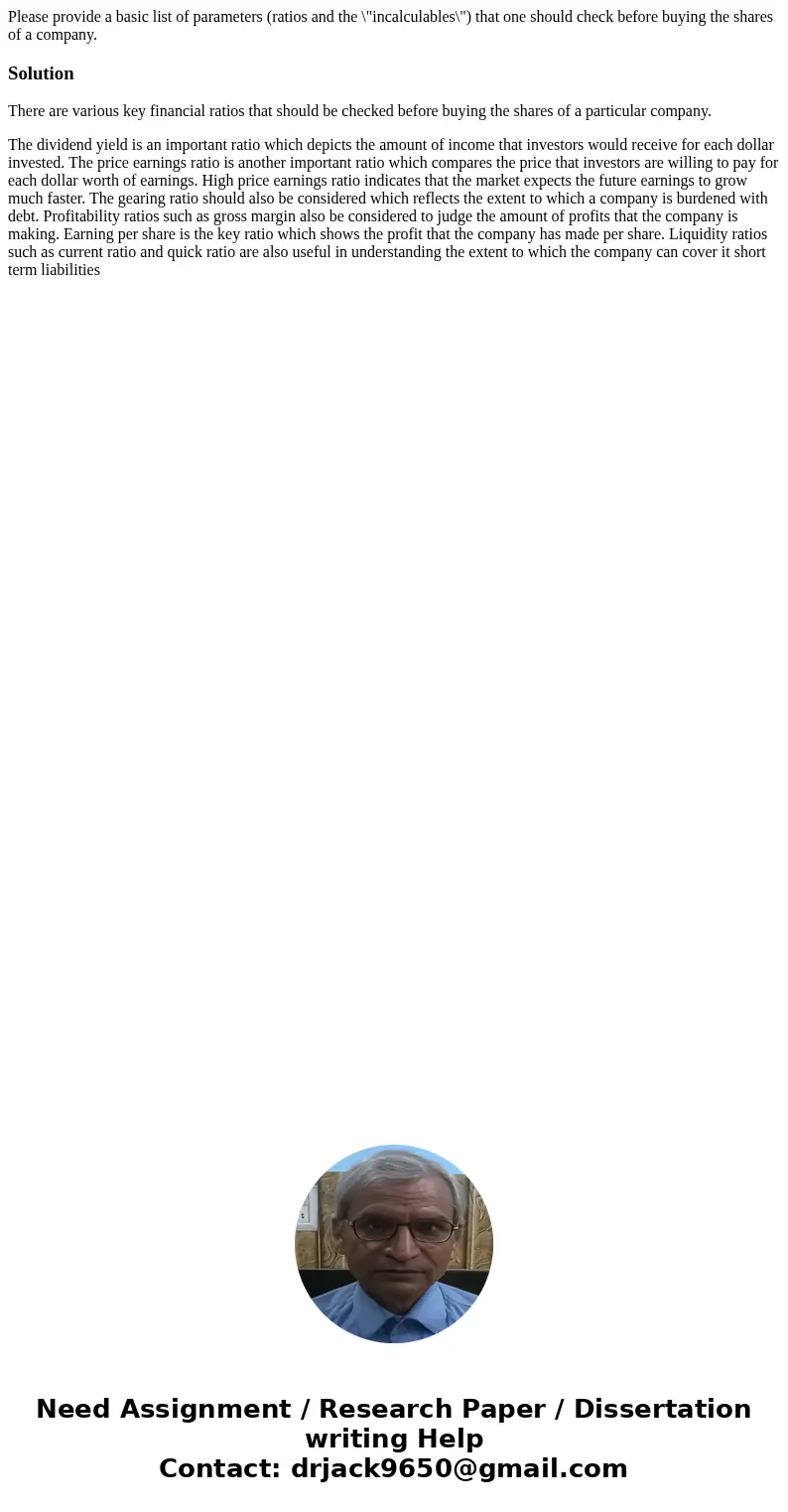 Please provide a basic list of parameters (ratios and the \ Please provide a basic list of parameters (ratios and the \