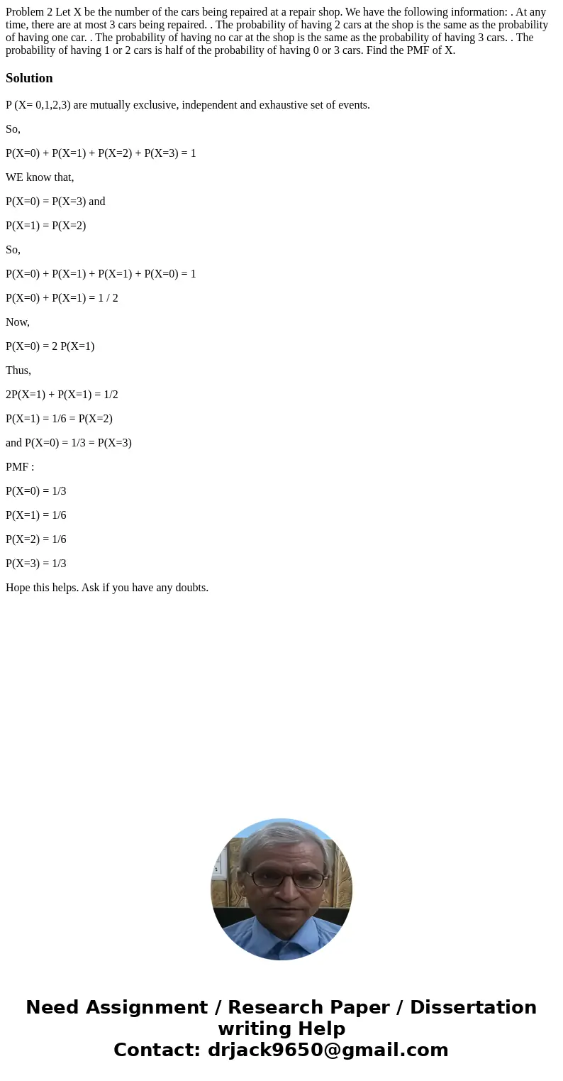 Problem 2 Let X be the number of the cars being repaired at a repair shop. We have the following information: . At any time, there are at most 3 cars being rep  Problem 2 Let X be the number of the cars being repaired at a repair shop. We have the following information: . At any time, there are at most 3 cars being rep