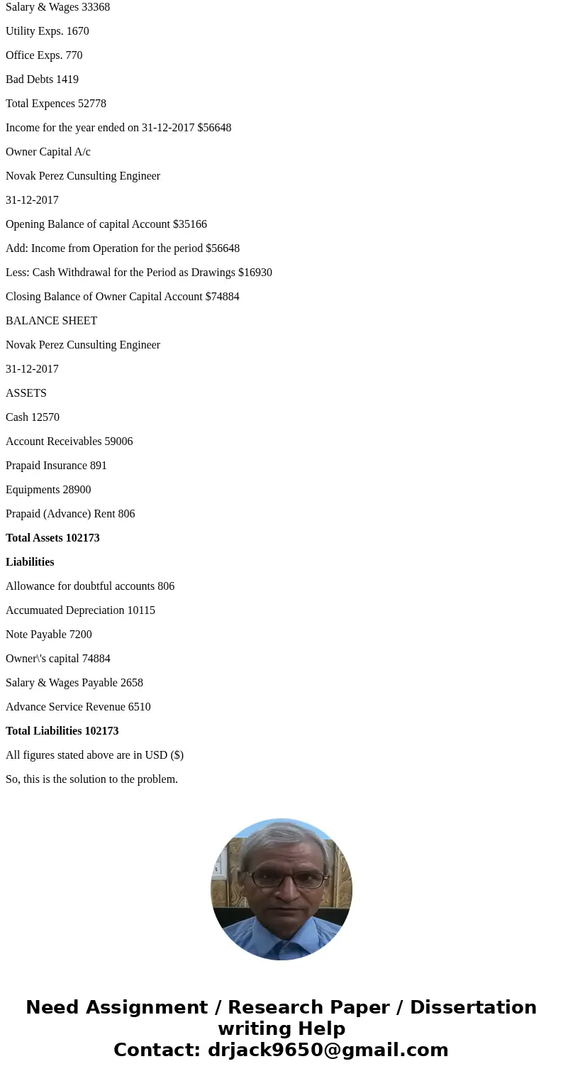 Problem 3-6 The following are the trial balance and the other information related to Novak Perez, a consulting engineer. NOVAK PEREZ, CONSULTING ENGINEER TRIAL  Problem 3-6 The following are the trial balance and the other information related to Novak Perez, a consulting engineer. NOVAK PEREZ, CONSULTING ENGINEER TRIAL