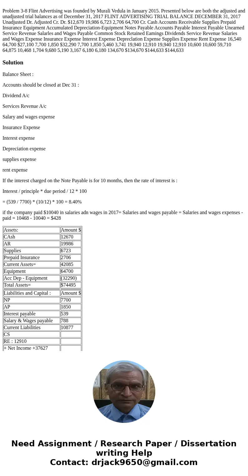  Problem 3-8 Flint Advertising was founded by Murali Vedula in January 2015. Presented below are both the adjusted and unadjusted trial balances as of December 