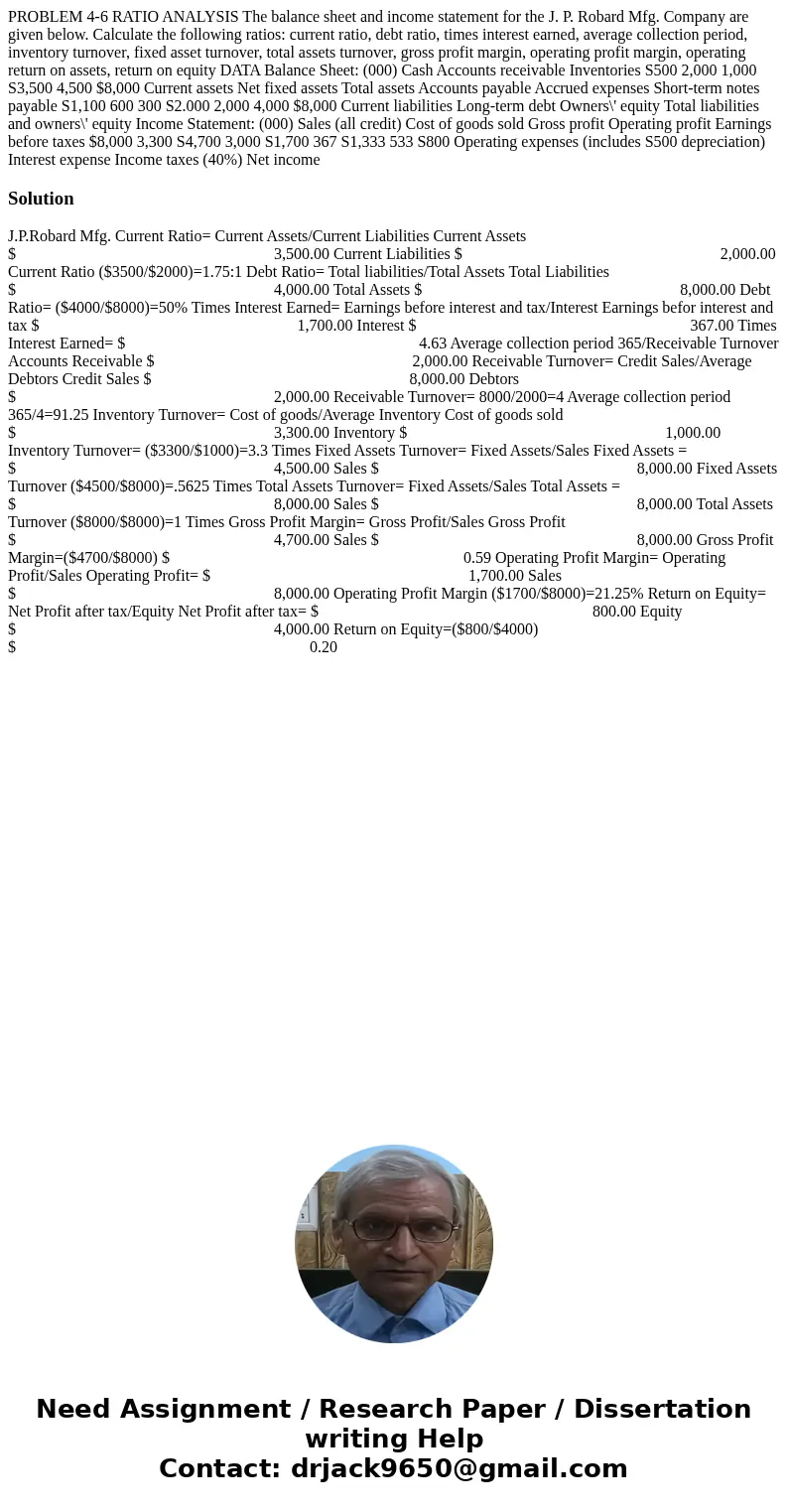 PROBLEM 4-6 RATIO ANALYSIS The balance sheet and income statement for the J. P. Robard Mfg. Company are given below. Calculate the following ratios: current ra  PROBLEM 4-6 RATIO ANALYSIS The balance sheet and income statement for the J. P. Robard Mfg. Company are given below. Calculate the following ratios: current ra
