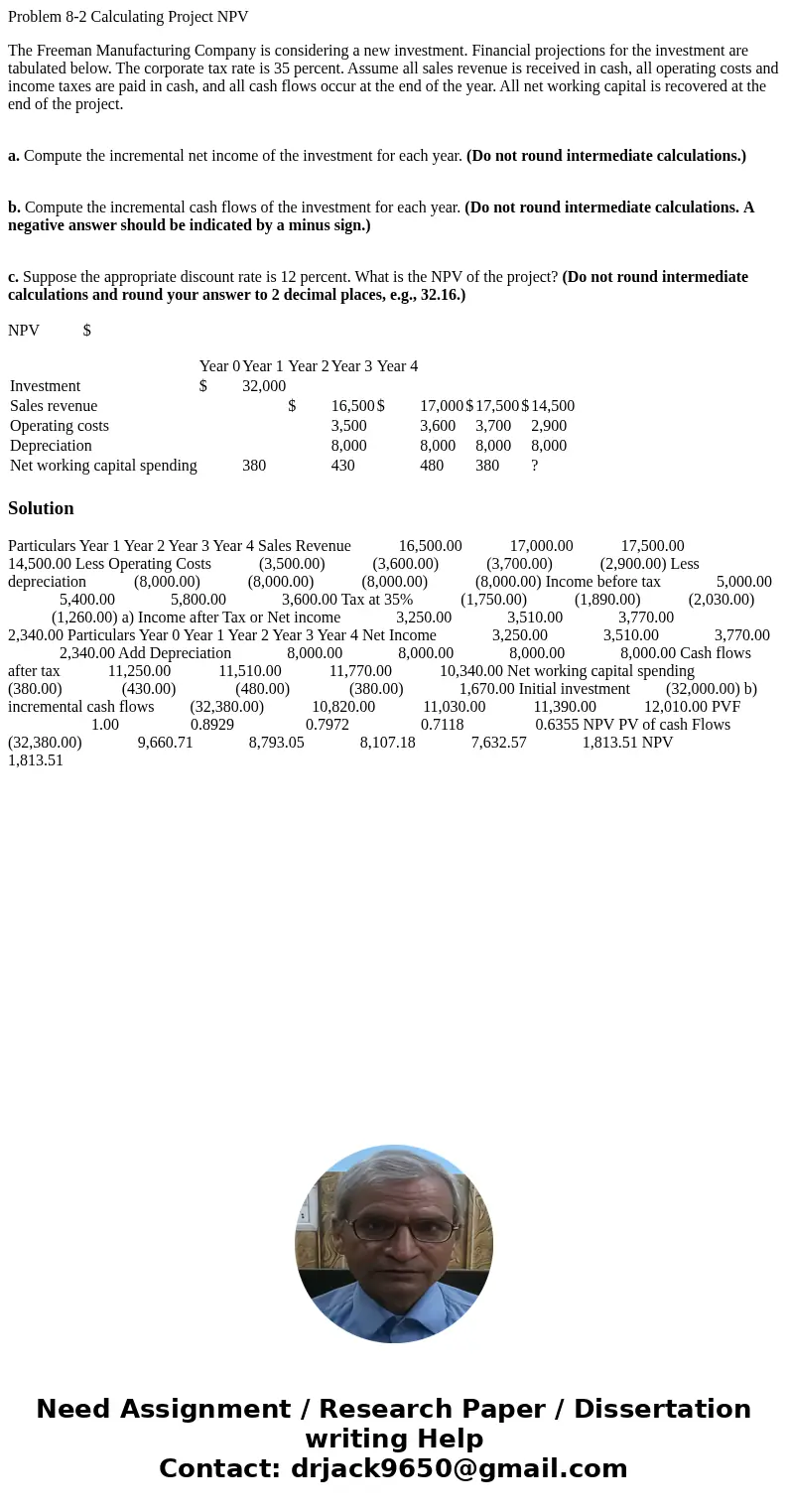 Problem 8-2 Calculating Project NPV The Freeman Manufacturing Company is considering a new investment. Financial projections for the investment are tabulated be