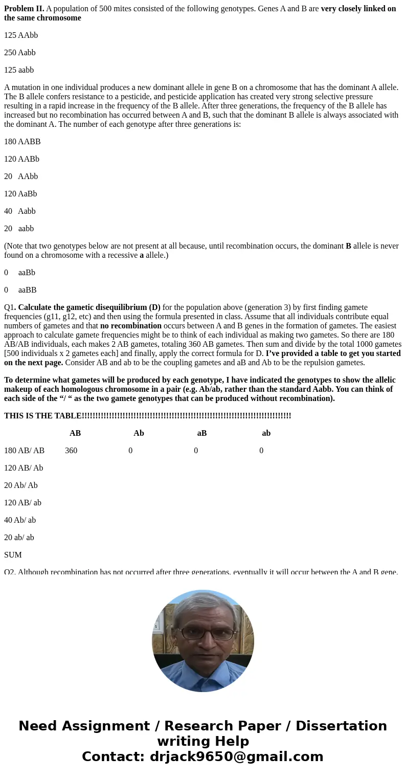 Problem II. A population of 500 mites consisted of the following genotypes. Genes A and B are very closely linked on the same chromosome 125 AAbb 250 Aabb 125 a Problem II. A population of 500 mites consisted of the following genotypes. Genes A and B are very closely linked on the same chromosome 125 AAbb 250 Aabb 125 a