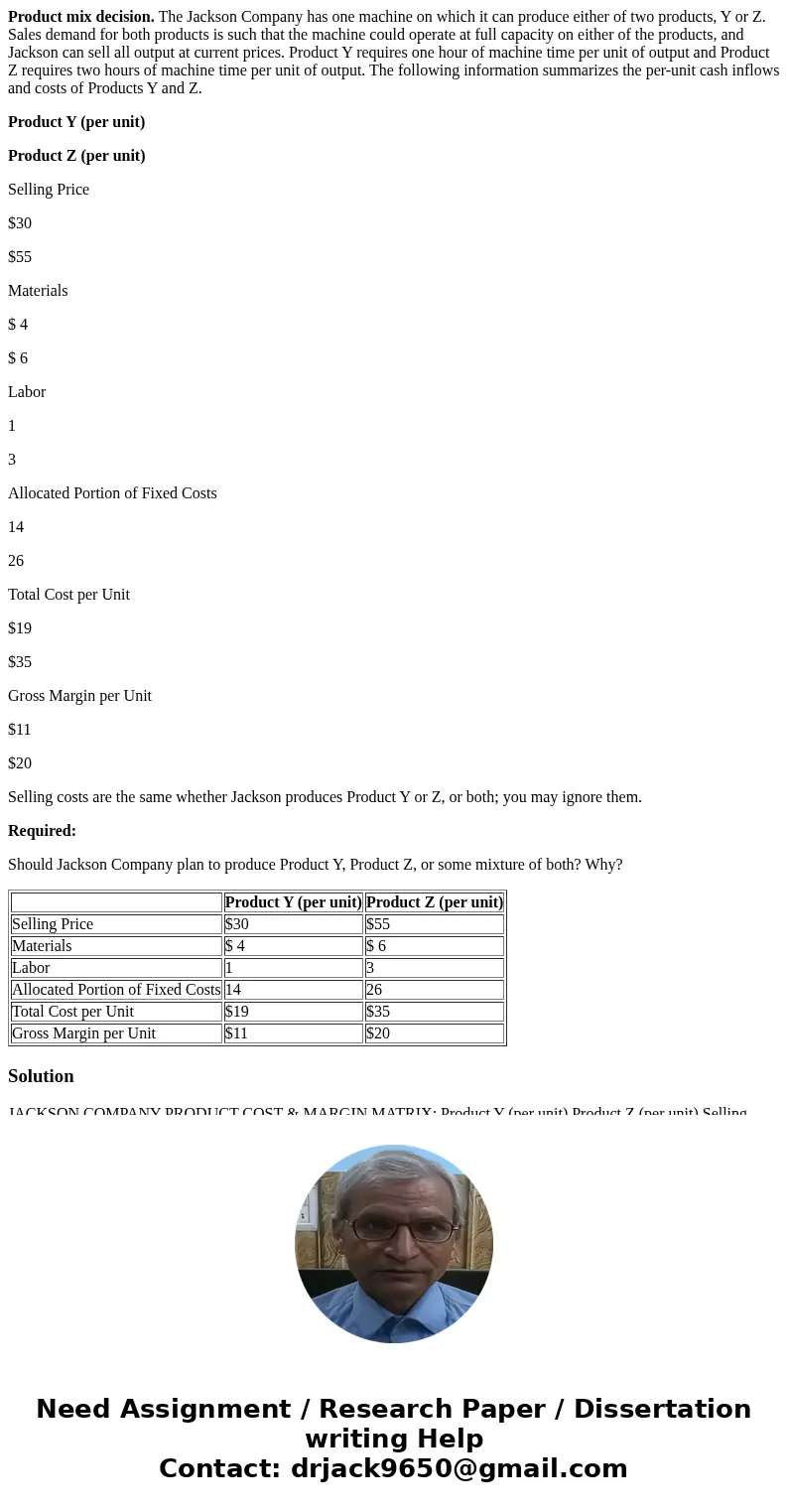 Product mix decision. The Jackson Company has one machine on which it can produce either of two products, Y or Z. Sales demand for both products is such that th Product mix decision. The Jackson Company has one machine on which it can produce either of two products, Y or Z. Sales demand for both products is such that th