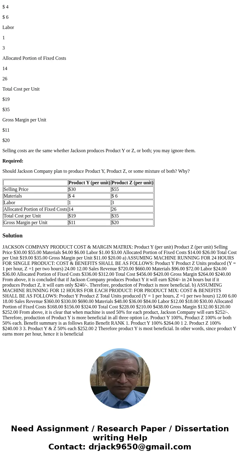 Product mix decision. The Jackson Company has one machine on which it can produce either of two products, Y or Z. Sales demand for both products is such that th Product mix decision. The Jackson Company has one machine on which it can produce either of two products, Y or Z. Sales demand for both products is such that th