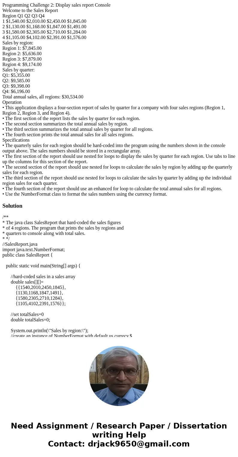 Programming Challenge 2: Display sales report Console Welcome to the Sales Report Region Q1 Q2 Q3 Q4 1 $1,540.00 $2,010.00 $2,450.00 $1,845.00 2 $1,130.00 $1,16 Programming Challenge 2: Display sales report Console Welcome to the Sales Report Region Q1 Q2 Q3 Q4 1 $1,540.00 $2,010.00 $2,450.00 $1,845.00 2 $1,130.00 $1,16