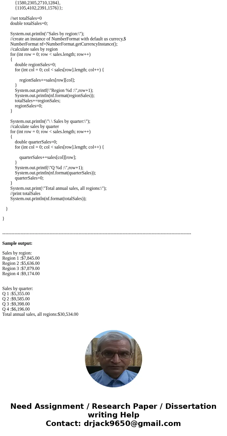 Programming Challenge 2: Display sales report Console Welcome to the Sales Report Region Q1 Q2 Q3 Q4 1 $1,540.00 $2,010.00 $2,450.00 $1,845.00 2 $1,130.00 $1,16 Programming Challenge 2: Display sales report Console Welcome to the Sales Report Region Q1 Q2 Q3 Q4 1 $1,540.00 $2,010.00 $2,450.00 $1,845.00 2 $1,130.00 $1,16