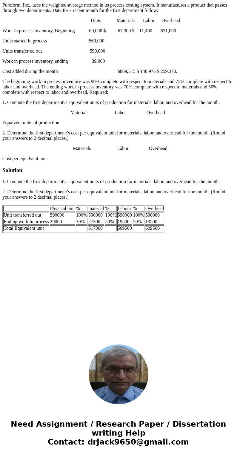Pureform, Inc., uses the weighted-average method in its process costing system. It manufactures a product that passes through two departments. Data for a recent Pureform, Inc., uses the weighted-average method in its process costing system. It manufactures a product that passes through two departments. Data for a recent